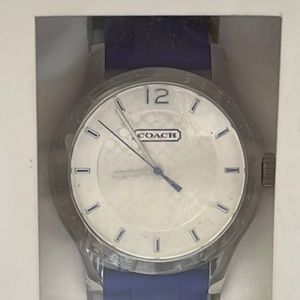 Coach Silver Tone Signature Watch with Blue Silicone Weave Watchband New in Box